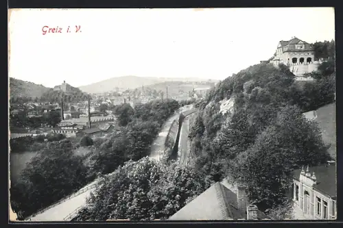AK Greiz i. V., Blick auf Stadt und Bahnanlagen