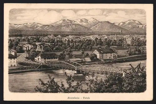 Künstler-AK Rosenheim / Bayern, Totalansicht mit Brücke