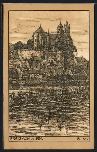 Künstler-AK Breisach a. Rh., Blick auf das Münster und Pontonbrücke