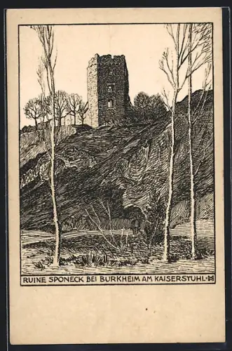 Künstler-AK Sponeck bei Burkheim, Blick auf die Ruine der Burg Sponeck