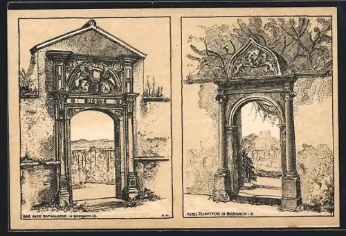 Künstler-AK Breisach i. B., Altes Rathaustor & altes Zunfttor