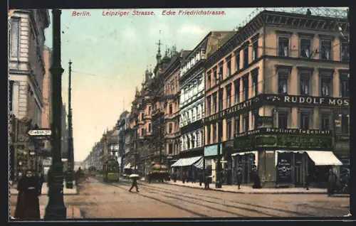 AK Berlin, Berliner Tagesblatt-Filiale Rudolf Mosse, Leipziger Strasse Ecke Friedrichstrasse