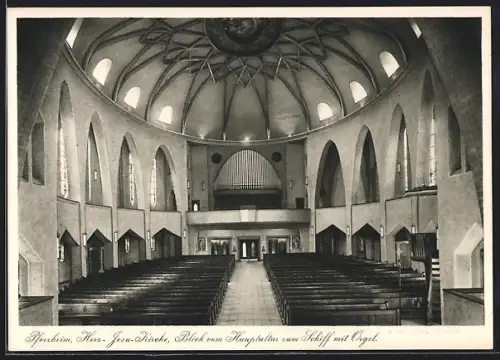 AK Pforzheim, Herz-Jesu-Kirche, Blick vom Hauptaltar zum Schiff mit Orgel