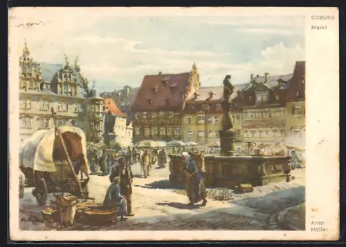 Künstler-AK Coburg, Markt mit Ständen und Leuten, Brunnen