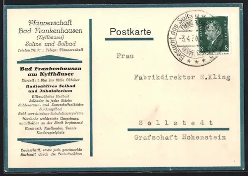 AK Bad Frankenhausen /Kyffhäuser, Korrespondenzkarte Pfännerschaft Bad Frankenhausen