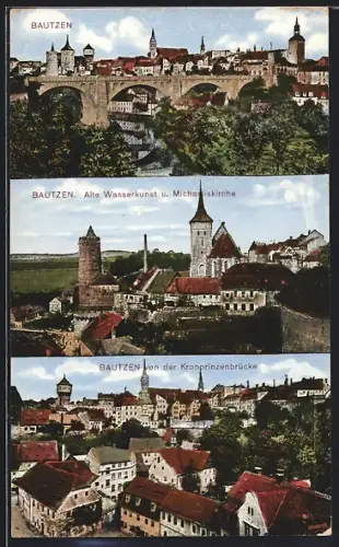 AK Bautzen, Alte Wasserkunst, Michaeliskirche, Kronprinzenbrücke