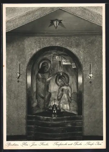 AK Pforzheim, Herz-Jesu-Kirche, Taufnische mit Fresko