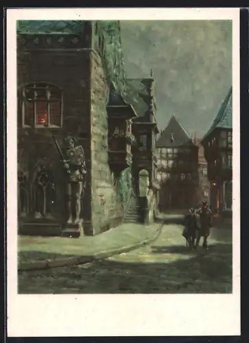 Künstler-AK Halberstadt, Mondnacht a. Holzmarkt