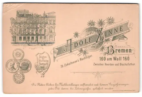 Fotografie Adolf Zinne, Bremen, Wall 160, Ansicht Bremen, Frontansicht des Atelierhaus nebst Anschrift