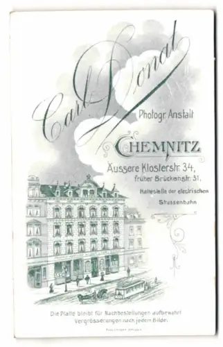 Fotografie Carl Donat, Chemnitz, Äussere Klosterstr. 34, Ansicht Chemnitz, Blick auf das Atelierhaus mit Strassenbahn