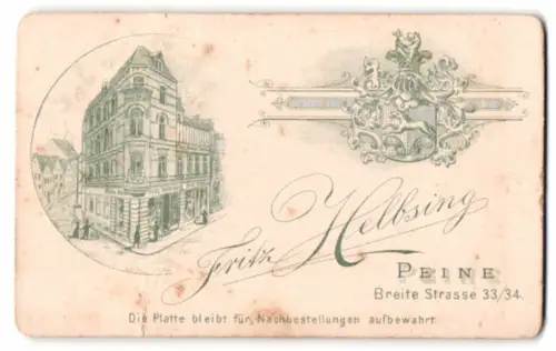 Fotografie Fritz Helbsing, Peine, Breite Strasse 33/34, Ansicht Peine, das Atelierhaus nebst klg. Wappen