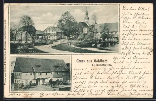 AK Goldbach bei Bischofswerda, Ortspartie mit Kirche und Teich