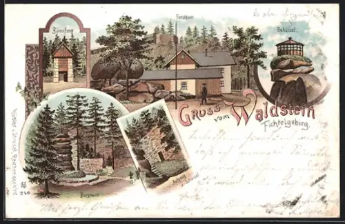 Lithographie Waldstein /Fichtelgebirge, Bärenfang, Forsthaus, Aufgang, Burgruine
