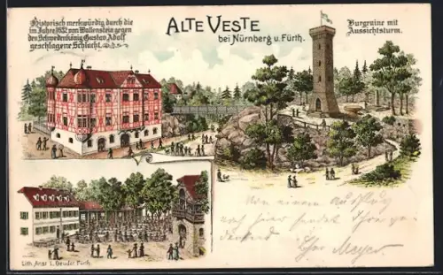 Lithographie Nürnberg, Gasthaus Alte Veste, Burgruine mit Aussichtsturm