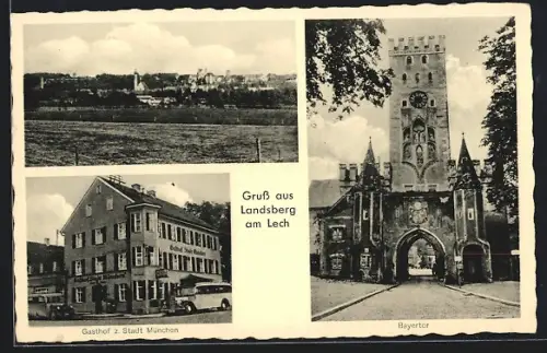 AK Landsberg am Lech, Gasthof zur Stadt München, Bayertor, Ortsansicht vom Feld aus