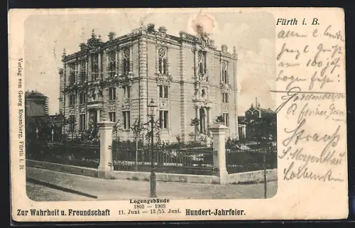 AK Fürth i. B., Loge Zur Wahrheit und Freundschaft, Hundertjahrfeier 1903, Logengebäude