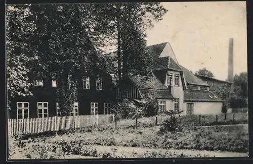 AK Oldendorf /Kr. Stade, Gasthaus H. Neumann, Gebäudeansicht von einem Garten aus