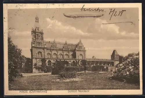 AK Hage / Ostfriesland, Zeppelin über Schloss Nordeck