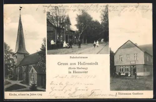 AK Hollenstedt /Kreis Harburg, Gasthaus J. Thiemann, Kirche, Bahnhofstrasse