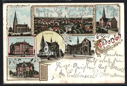 Lithographie Gütersloh, Kaiserliches Postamt, Kath. Kirche, Gymnasium, Alte Kirche