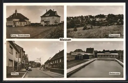 AK Massen / Unna, Badeanstalt, Hellweg, Evang. Gemeindesaal, Obermassen