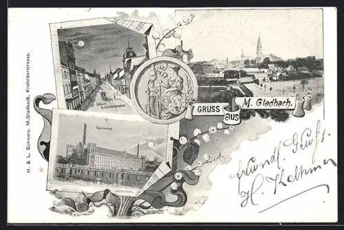 AK M. Gladbach, Spinnereri, Unterne Krefelderstrasse im Mondschein, Ortspanorama