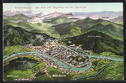 Künstler-AK Bad Ischl /Salzkammergut, Ortsansicht mit Rettenbach, Siriuskogel und Jainzen-Berg aus der Vogelschau