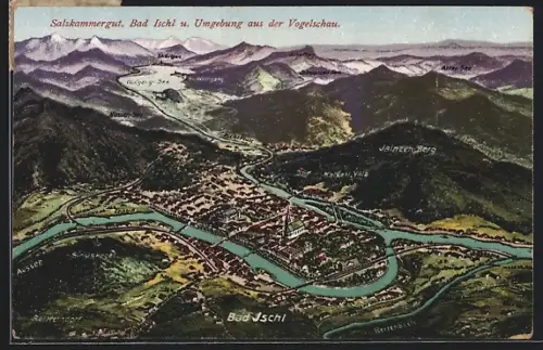 AK Bad Ischl / Salzkammergut, Totale mit Umgebung aus der Vogelschau, Blick nach Jainzen-Berg, Rettenbach und Traun