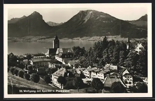AK St. Wolfgang, Teilansicht mit Sparberg und Pleckwand
