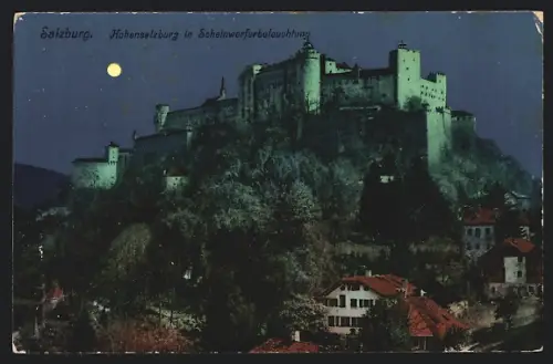 AK Salzburg, Hohensalzburg in Scheinwerferbeleuchtung