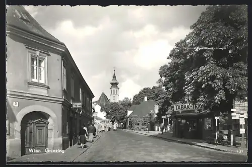 AK Wien, Grinzing, Strassenpartie mit Kiosk und Kirche