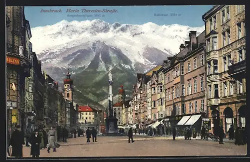 AK Innsbruck, Maria Theresien-Strasse mit Blick auf Seegrubenspitzen und Hafelekar