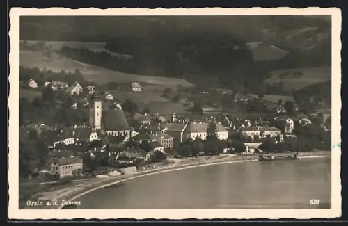AK Grein a. d. Donau, Uferpartie mit Kirche