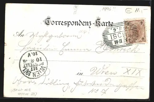 Lithographie Ischl, Kreuzstein und Totalansicht