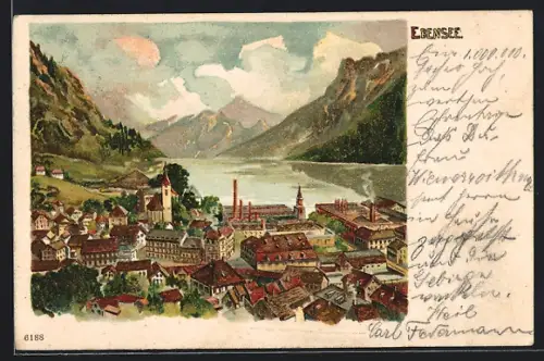 Künstler-AK Ebensee, Ortspartie mit See und Bergpanorama