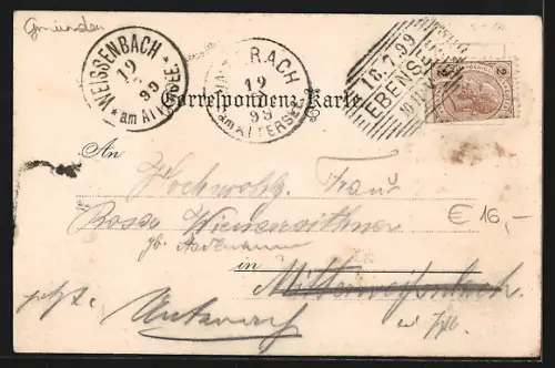 Künstler-AK Ebensee, Ortspartie mit See und Bergpanorama