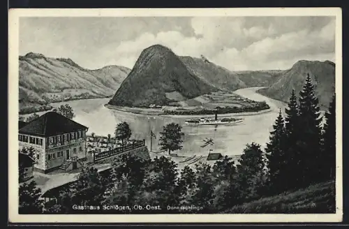 Künstler-AK Haibach ob der Donau, Gasthaus Schlögen neben der Donauschlinge, Besitzer M. Gugler