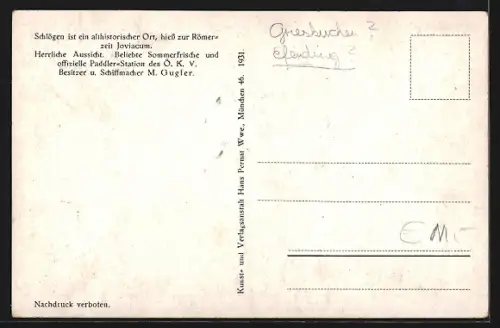 Künstler-AK Haibach ob der Donau, Gasthaus Schlögen neben der Donauschlinge, Besitzer M. Gugler