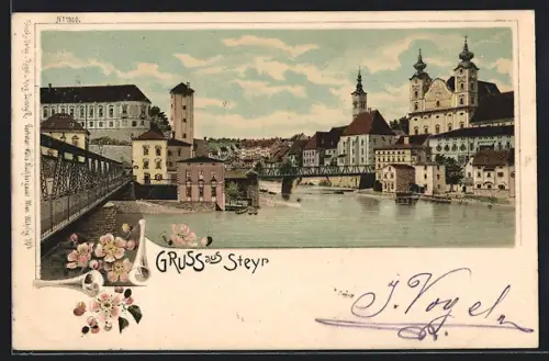 Lithographie Steyr, Ortsansicht mit Fluss und Brücke