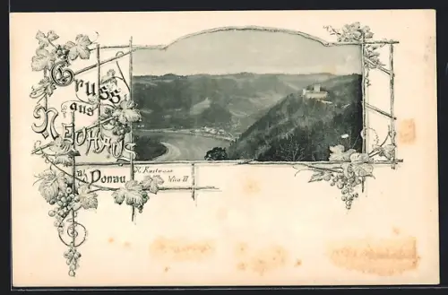 AK Neuhaus a. d. Donau, Ortsansicht aus der Ferne im Wein-Passepartout