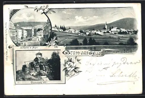 Lithographie Aigen /O.-Oe., Marktplatz, Bärnstein, Ortsansicht mit Kirche