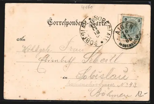 Lithographie Aigen /O.-Oe., Marktplatz, Bärnstein, Ortsansicht mit Kirche