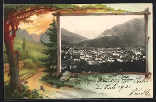 Lithographie Ischl, Ortsansicht gegen den Dachstein, Landstrassenpartie mit Bildstock