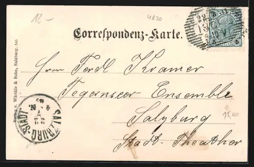 Lithographie Ischl, Ortsansicht gegen den Dachstein, Landstrassenpartie mit Bildstock