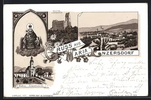 Lithographie Maria Enzersdorf, Schloss Liechtenstein, Heilige auf der Wolke, Ortsansicht