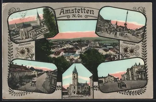 AK Amstetten, Panorama, Wienerstrasse, Klosterkirche & Hauptplatz