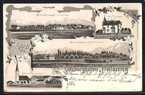 Lithographie Salzburghofen /Freilassing, Staufen und Untersberg, Villa Trautmann, Kirche von Salzburghofen