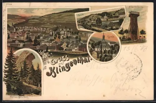 Lithographie Klingenthal, Gesamtansicht, Albertsthurm, Schneckenstein und Zwota