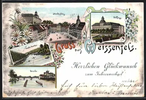 Lithographie Weissenfels, Marktplatz, Schloss, Saale-Partie, Brücke