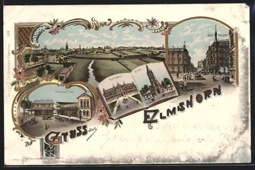 Lithographie Elmshorn, Café Schrader, Realschule, Bahnhof-Platz und Kirche